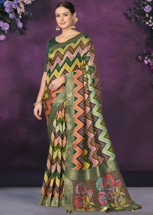 Green Printed Border Tussar Silk Saree