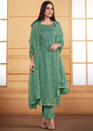 Green Embroidered Pant Suit In Organza