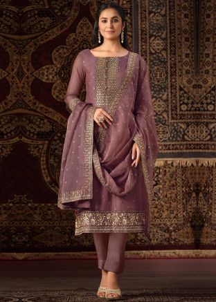 Mauve Pink Embroidered Pant Suit Set