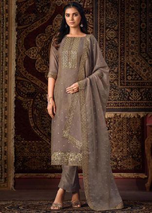 Grey Embroidered Pant Suit In Organza