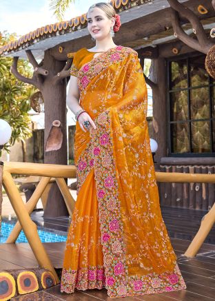 Yellow Thread Embroidered Organza Saree