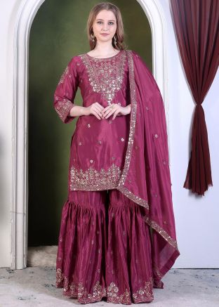 Readymade Pink Embroidered Gharara Suit Set