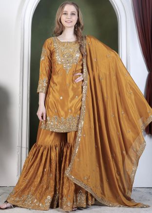 Readymade Orange Embroidered Gharara Suit Set