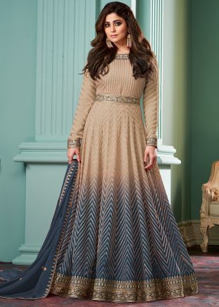 Shamita Shetty Shaded Beige & Blue Embroidered Anarkali Suit