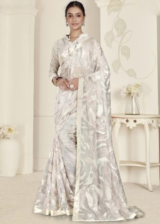 Off White Foil Print Organza Saree