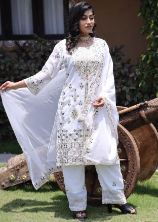 White Embroidered Round Neck Suit Set