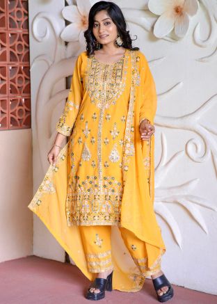 Yellow Embroidered Pant Suit Set