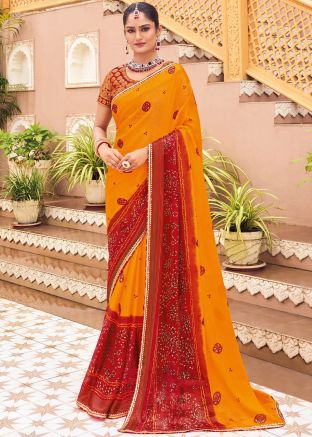 Yellow Bandhej Print Georgette Saree
