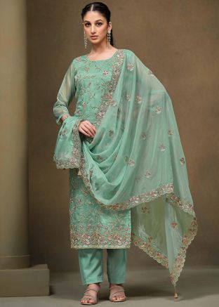 Green Embroidered Suit Set In Organza