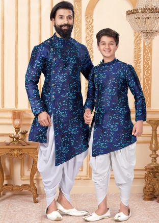Readymade Navy Blue Father & Son Dhoti Kurta Set