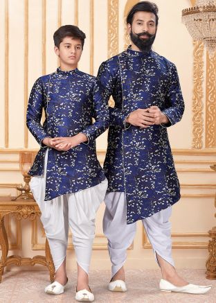 Readymade Father & Son Dhoti Kurta Set In Navy Blue