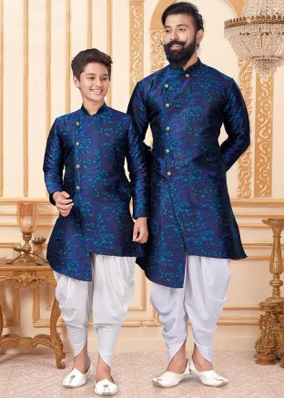 Father & Son Navy Blue Readymade Dhoti Kurta Set