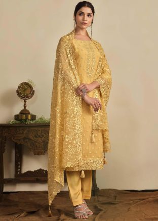 Yellow Embroidered Salwar Suit Set In Organza