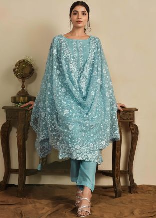 Blue Embroidered Organza Suit Set