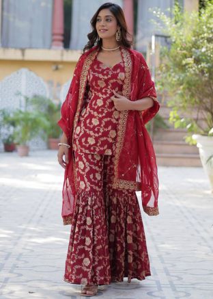 Maroon Readymade Zari Woven Gharara Suit