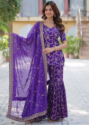 Purple Woven Readymade Gharara Suit Set