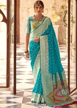Turquoise Zari Woven Saree In Art Silk