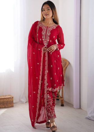 Red Embroidered Pant Suit In Georgette