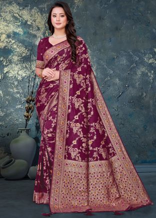 Wine Zari Woven Art Silk Saree