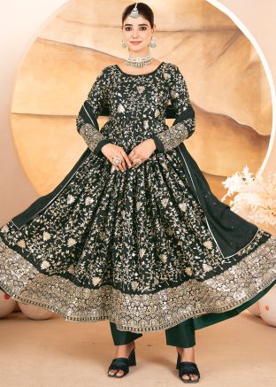 Green Round Neck Embroidered Anarkali Suit Set