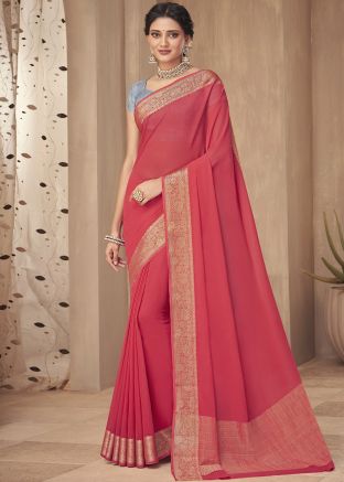 Dull Red Zari Work Saree In Art Silk