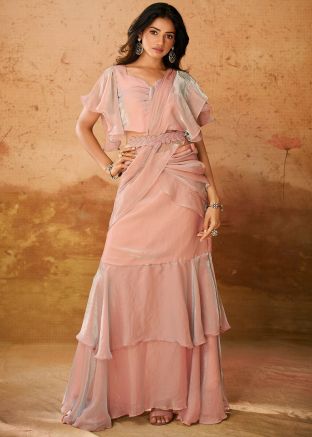 Baby Pink Pre-Stitched Lehenga Style Saree