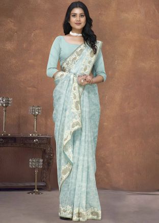 Green Digital Print Saree In Organza