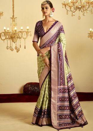 Light Green Printed Satin Saree With Blouse