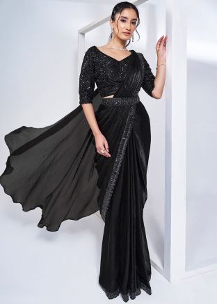 Black Pre-Stitched Embroidered Saree In Satin