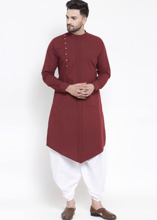 Maroon Readymade Kurta Dhoti Set In Cotton