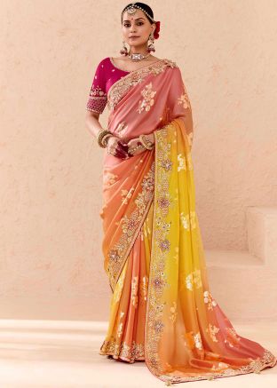 Shaded Pink & Yellow Embroidered Tussar Silk Saree