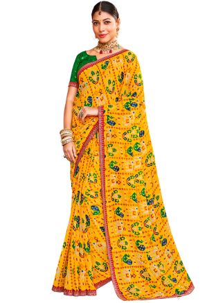 Yellow Digital Printed Chiffon Saree