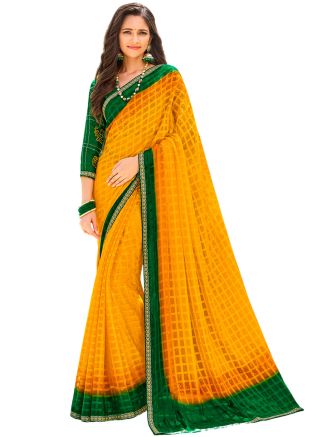 Yellow Chiffon Saree In Digital Print