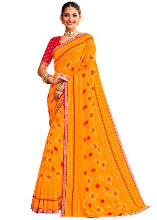 Yellow Chiffon Saree In Digital Print