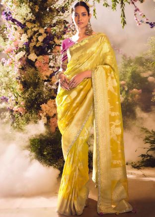 Yellow Embroidered Saree In Tissue Silk