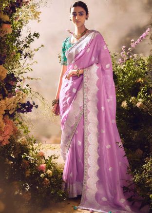 Purple Embroidered Saree In Tissue Silk