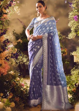 Blue Embroidered Saree In Tissue Silk