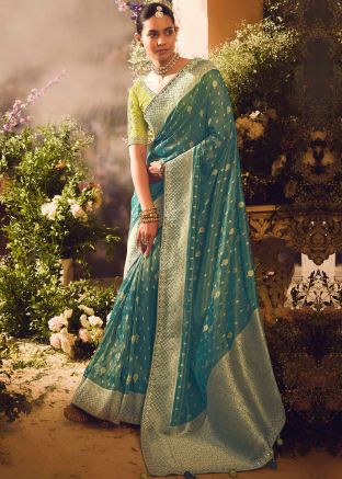Green Sequins Embroidered Saree In Tissue Silk