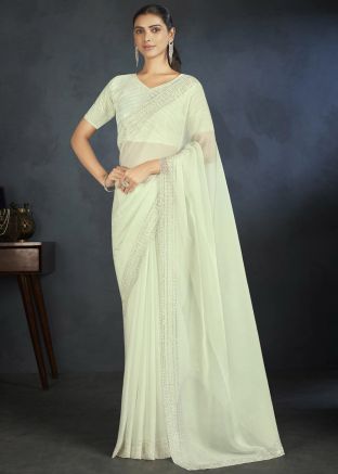 White Sequins Embroidered Saree In Organza