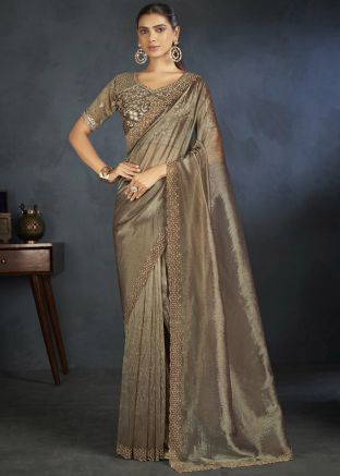 Brown Embroidered Saree In Organza