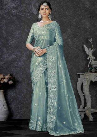 Blue Embroidered Saree In Tissue