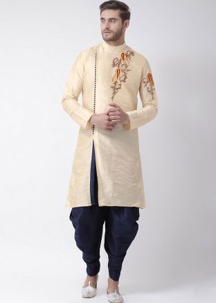 Readymade Cream Angrakha Style Slit Kurta Dhoti Set