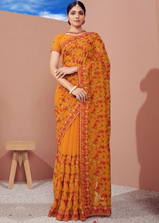 Mustard Yellow Resham Embroidered Saree