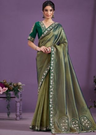Dual Tone Green Embroidered Tissue Saree