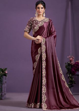 Wine Embroidered Satin Saree & Blouse