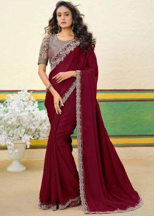 Maroon Shimmer Saree With Embroidered Border