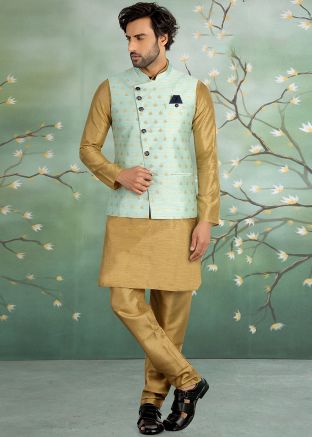 Beige Readymade Kurta Pajama With Jacket Set