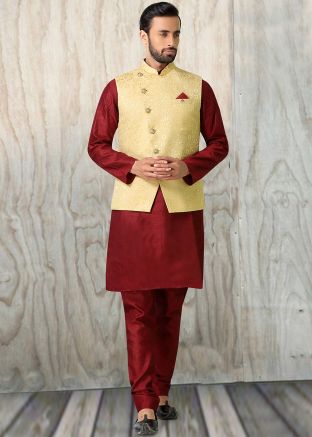 Maroon Readymade Kurta Pajama With Jacket In Silk