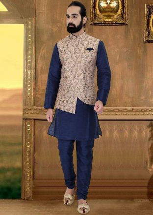 Blue Readymade Kurta Churidaar Set With Jacket