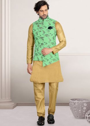 Silk Readymade Beige Kurta Churidaar With Jacket